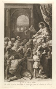 Saint Job seated at right receiving the gifts of the people, archway at left, after Reni MET DP841325