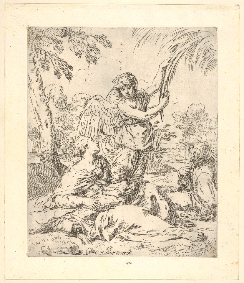 Repose in Egypt, Mary nursing the infant Christ while an angel pulls at tree branches MET DP832114