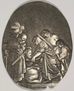 Salome receiving the head of John the Baptist, surrounded by three men and a child bearing a torch, the Baptist's body lies on the ground, an oval composition MET DP828350