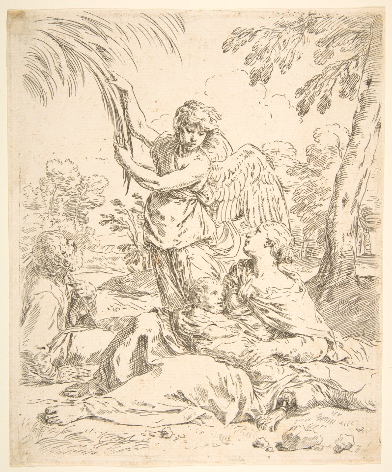 Repose in Egypt, Mary nursing the infant Christ while an angel pulls at tree branches MET DP815089
