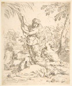 Repose in Egypt, Mary nursing the infant Christ while an angel pulls at tree branches MET DP815089