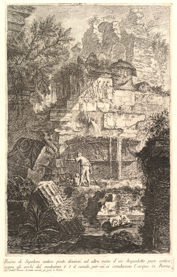 Ruins of an ancient tomb in front of ruins of an ancient aqueduct (Ruine di Sepolcro antico posto dinanzi ad altre ruine d'un Aquedotto) MET DP827982