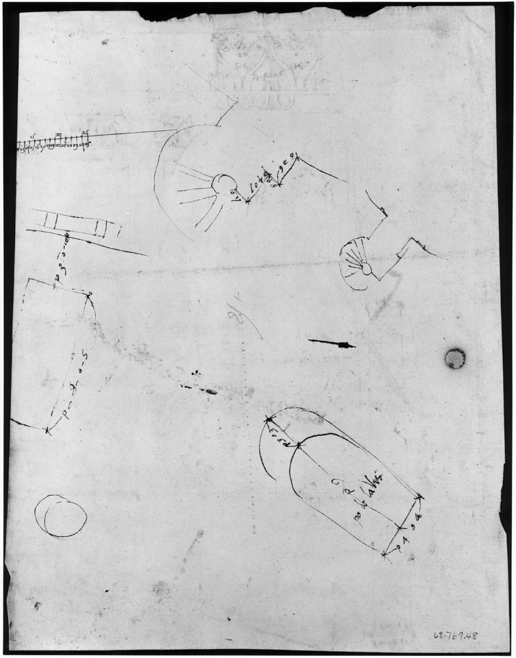 S. Costanza, drum, interior, elevation; column shafts, profiles; narthex, section; stair, detail plan (recto) stair, plans; window, elevation (verso) MET sf68 769 48v-MM43692