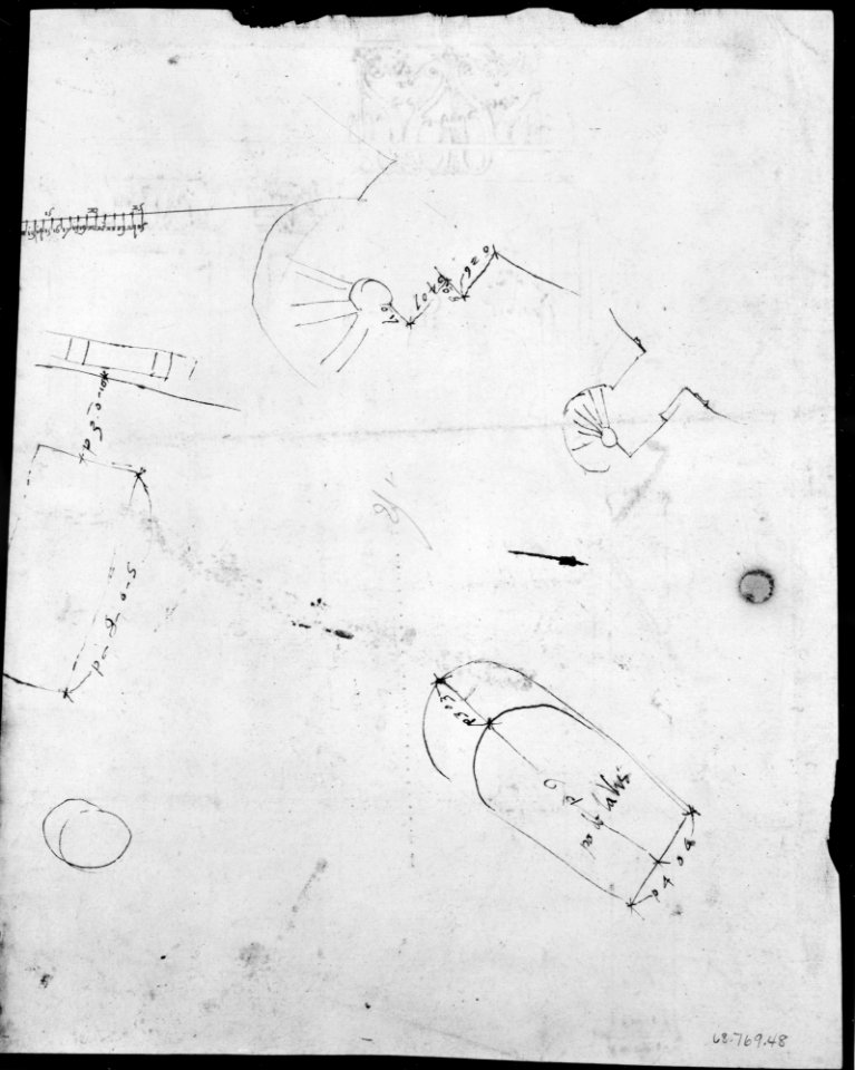 S. Costanza, drum, interior, elevation; column shafts, profiles; narthex, section; stair, detail plan (recto) stair, plans; window, elevation (verso) MET MM43692