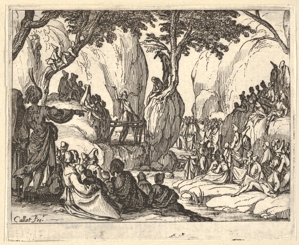 Saint John Preaching in the Desert (Saint Jean Préchant dans le Désert), with arm upraised, surrounded by male and female figures in a rocky setting MET DP834115