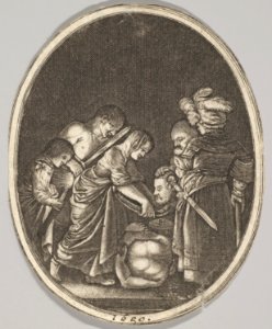 Salome receiving the head of John the Baptist, surrounded by three men and a child bearing a torch, the Baptist's body lies on the ground, an oval composition MET DP828347