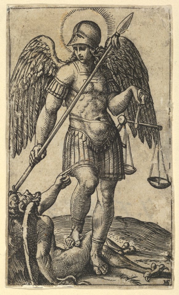 Saint Michael holding scales and a lance, a demon beneath him, from the series 'Piccoli Santi' (Small Saints) MET DP853493