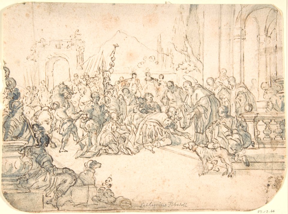 Saint Benedict Receiving a Warrior (recto); Sketch of Crowded Narrative Scene (verso) MET DP802438