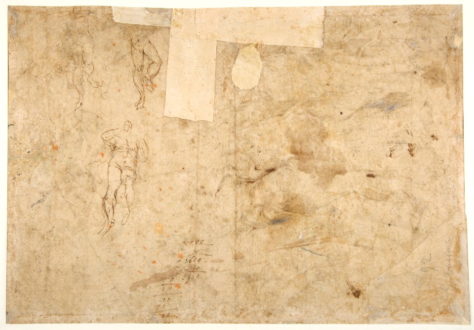 Saint Cecilia, Saint Mary Magdalen, Saint Catherine of Alexandria, and Saint Agnes, Angels with Palm Branches and Crowns Above (recto); Sketches of Three Standing Figures and Arithmetic Calculations (verso) MET DP812151