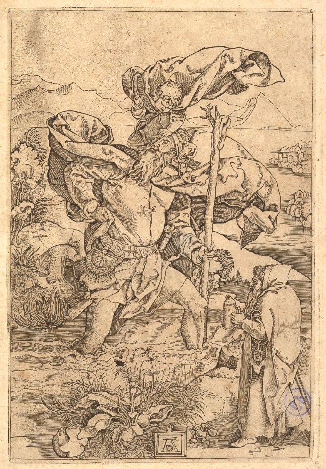 Saint Christopher crossing the river with Christ in the form of a putto on his shoulders and a hermit in the foreground, after Dürer MET DP820346