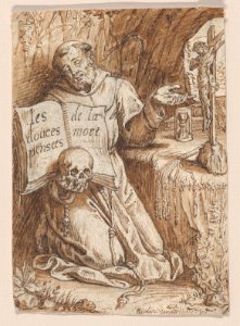 Saint Francis Kneeling in a Grotto, holding a Book and a Skull MET DP863522