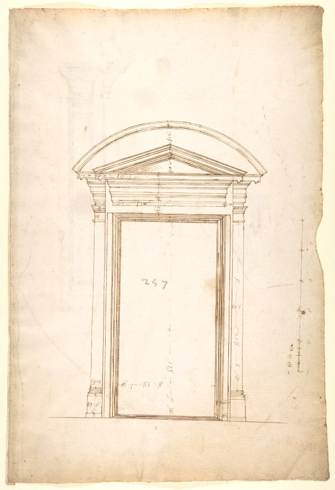 San Lorenzo, Library, Ricetto, entry portal from library, elevation (recto) San Lorenzo, Library, Ricetto, entry portal from library, plan and section (verso) MET DP810566