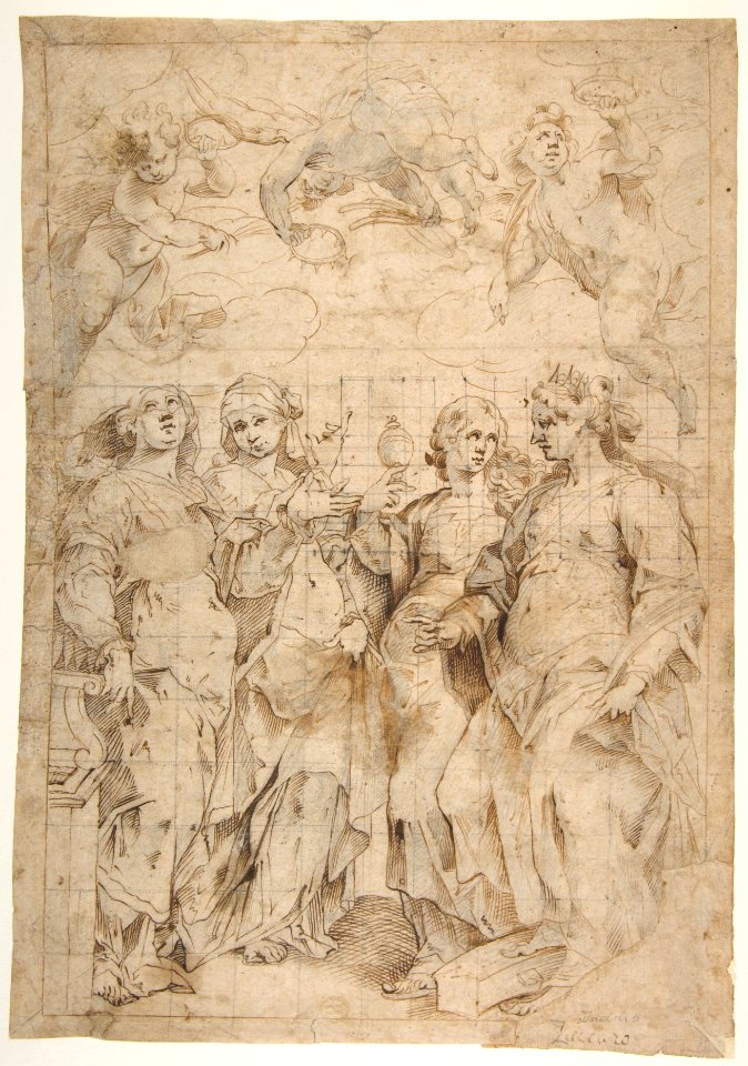 Saint Cecilia, Saint Mary Magdalen, Saint Catherine of Alexandria, and Saint Agnes, Angels with Palm Branches and Crowns Above (recto); Sketches of Three Standing Figures and Arithmetic Calculations (verso) MET DP812150