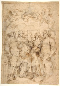 Saint Cecilia, Saint Mary Magdalen, Saint Catherine of Alexandria, and Saint Agnes, Angels with Palm Branches and Crowns Above (recto); Sketches of Three Standing Figures and Arithmetic Calculations (verso) MET DP812150