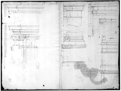San Lorenzo, Library, Ricetto, upper window, elevation; niche,elevation, plan, and section (recto) San Lorenzo, Library, Ricetto, niche, details; upper window, details, elevation (verso) MET sf49 92 38v-MM33704