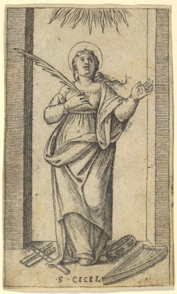 Saint Cecilia standing holding a palm of martyrdom in her right hand, from the series 'Piccoli Santi' (Small Saints) MET DP853505