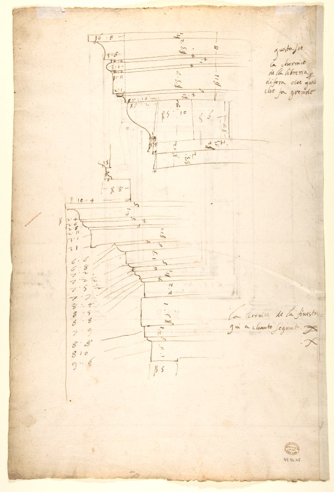 San Lorenzo, Library, window, elevation (recto) San Lorenzo, Library, window, cornice, section; cornice, section (verso) MET DP810569