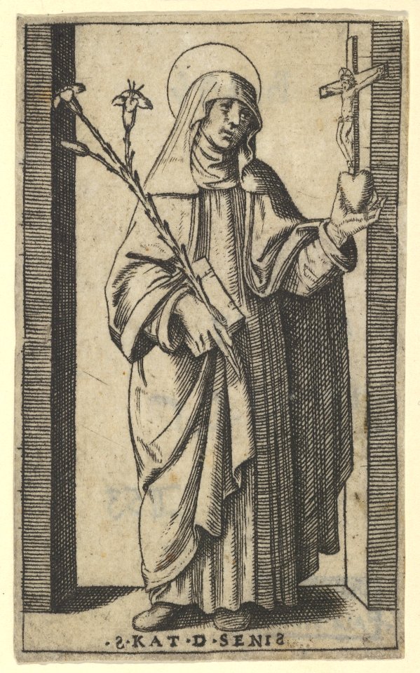 Saint Catherine of Siena standing holding flowers and book in her right hand, a heart and crucifix in her left, from the series 'Piccoli Santi' (Small Saints) MET DP853508