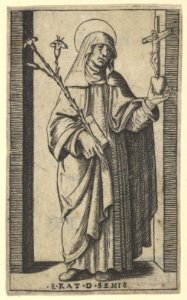 Saint Catherine of Siena standing holding flowers and book in her right hand, a heart and crucifix in her left, from the series 'Piccoli Santi' (Small Saints) MET DP853508