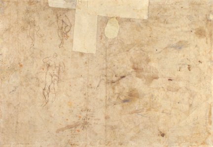 Saint Cecilia, Saint Mary Magdalen, Saint Catherine of Alexandria, and Saint Agnes, Angels with Palm Branches and Crowns Above (recto); Sketches of Three Standing Figures and Arithmetic Calculations (verso) MET 87.12.100 VERSO