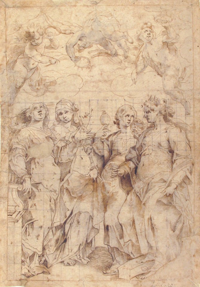 Saint Cecilia, Saint Mary Magdalen, Saint Catherine of Alexandria, and Saint Agnes, Angels with Palm Branches and Crowns Above (recto); Sketches of Three Standing Figures and Arithmetic Calculations (verso) MET 87.12.100 RECTO