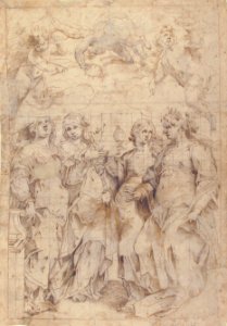 Saint Cecilia, Saint Mary Magdalen, Saint Catherine of Alexandria, and Saint Agnes, Angels with Palm Branches and Crowns Above (recto); Sketches of Three Standing Figures and Arithmetic Calculations (verso) MET 87.12.100 RECTO