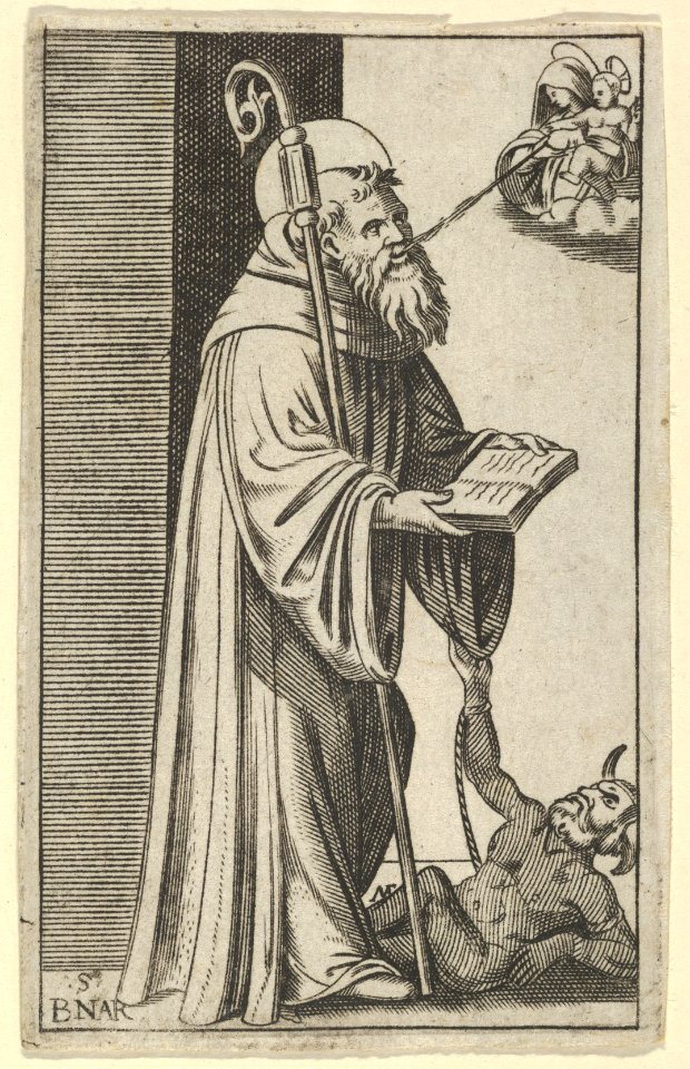 Saint Bernard standing holding an open book, a chained dragon at the lower right, from the series 'Piccoli Santi' (Small Saints) MET DP853510