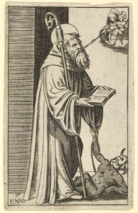 Saint Bernard standing holding an open book, a chained dragon at the lower right, from the series 'Piccoli Santi' (Small Saints) MET DP853510