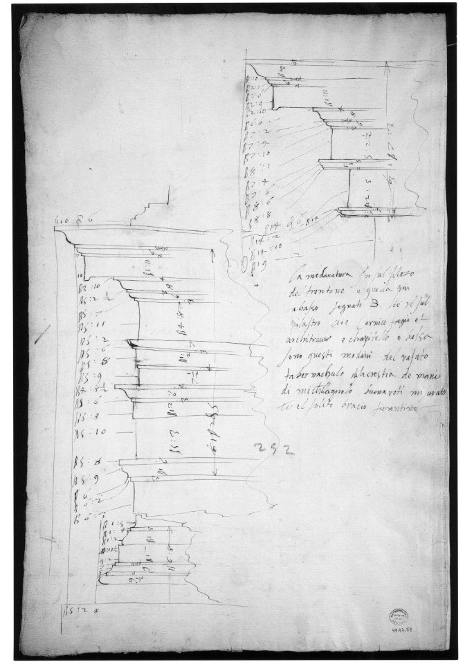San Lorenzo, New Sacristy, niche frame, tabernacle, plan and elevation (recto) San Lorenzo, New Sacristy, entablature, cornice, and base of niche, profiles (verso) MET sf49 92 59v-MM37899