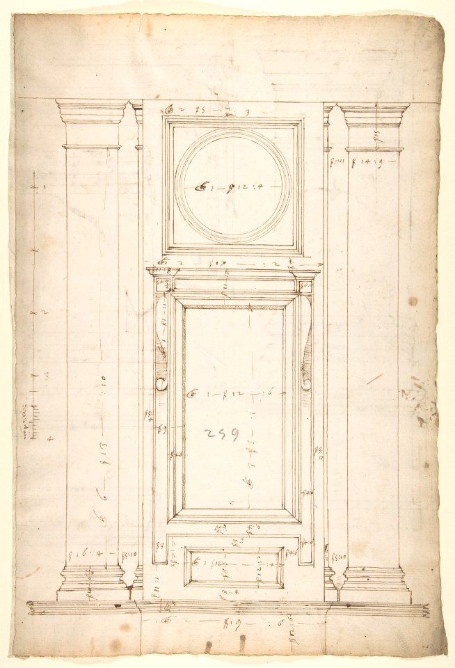 San Lorenzo, Library, Ricetto, window, elevation (recto) San Lorenzo, Library, Ricetto, column, elevation; details, elevation (verso) MET DP810574