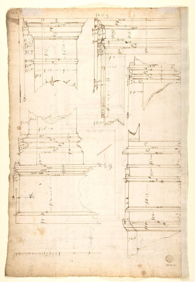San Lorenzo, Library, Ricetto, window, elevation (recto) San Lorenzo, Library, Ricetto, column, elevation; details, elevation (verso) MET DP810575