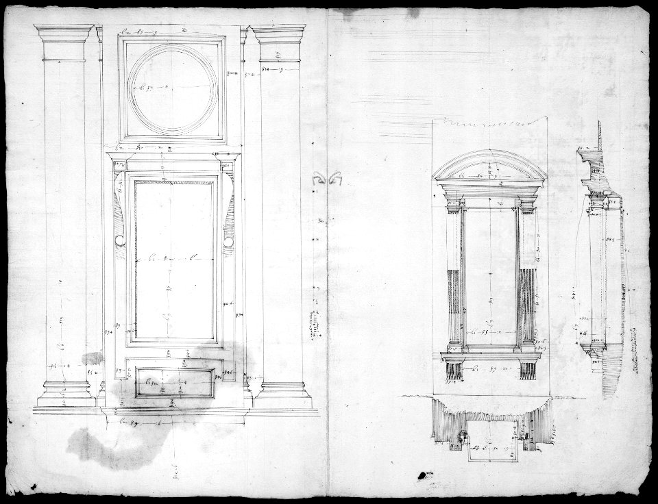 San Lorenzo, Library, Ricetto, upper window, elevation; niche,elevation, plan, and section (recto) San Lorenzo, Library, Ricetto, niche, details; upper window, details, elevation (verso) MET MM33703