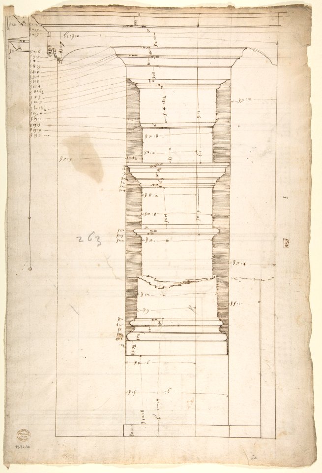 San Lorenzo, Library, Ricetto, entablature, elevation profile (recto) San Lorenzo, Library, Ricetto, column, elevation (verso) MET DP810631