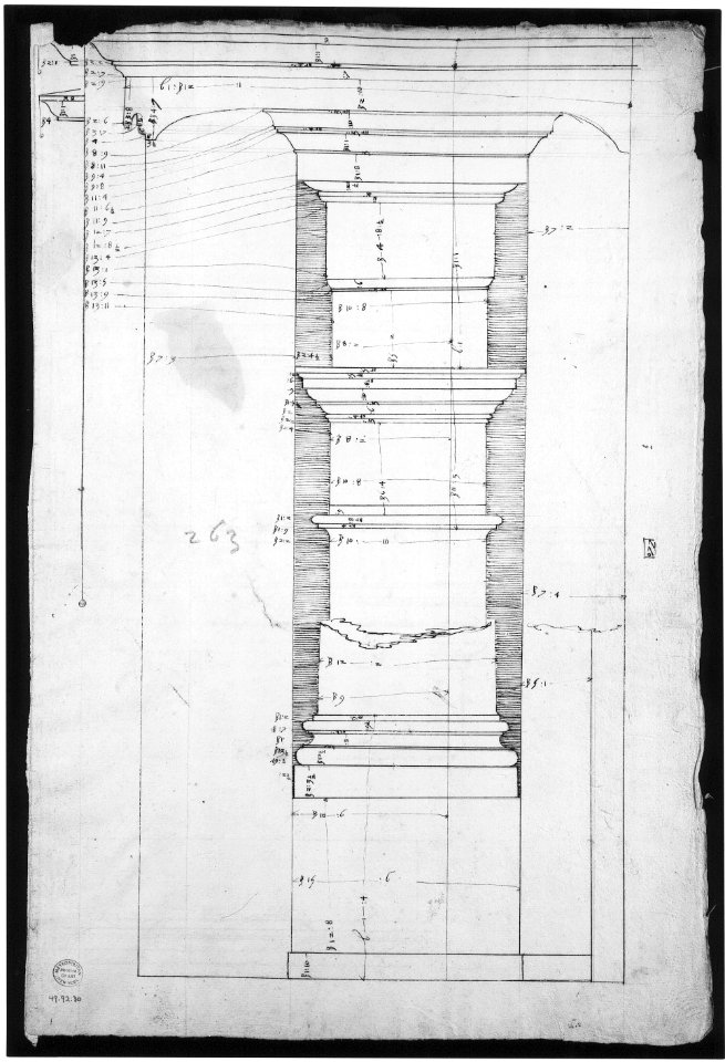 San Lorenzo, Library, Ricetto, entablature, elevation profile (recto) San Lorenzo, Library, Ricetto, column, elevation (verso) MET sf49 92 30v-MM37883