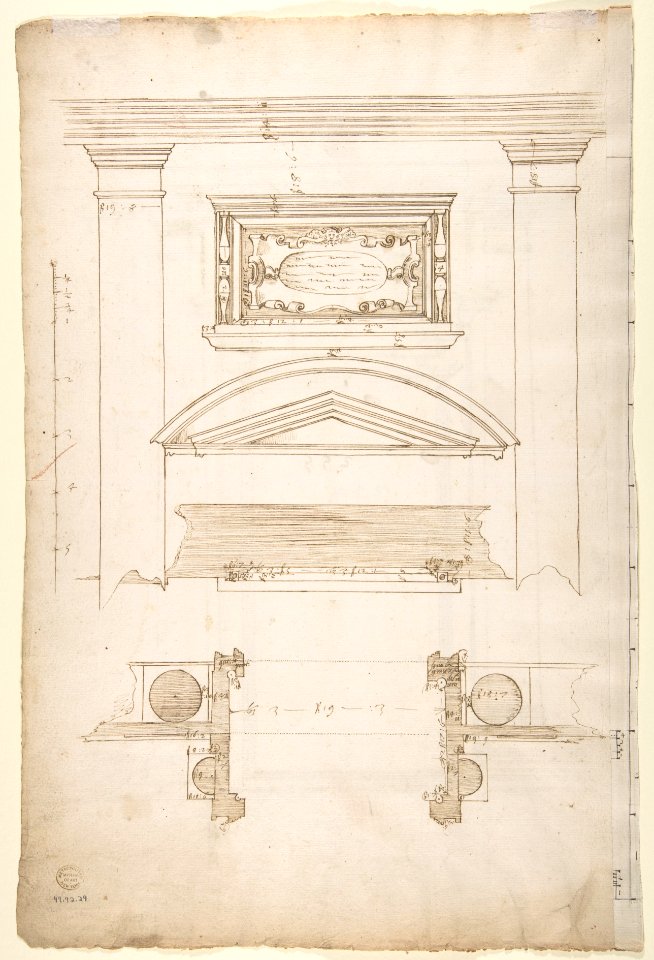 San Lorenzo, Library, Ricetto, entry portal to library, elevation (recto) San Lorenzo, Library, Ricetto, entry portal to library, plan and wall detail (verso) MET DP810559