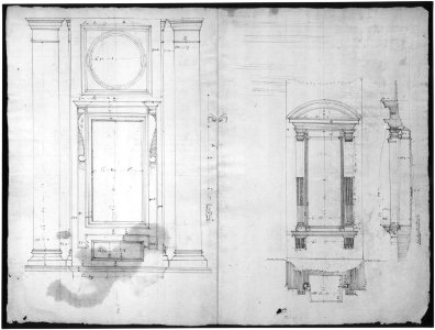 San Lorenzo, Library, Ricetto, upper window, elevation; niche,elevation, plan, and section (recto) San Lorenzo, Library, Ricetto, niche, details; upper window, details, elevation (verso) MET sf49 92 38r-MM33703