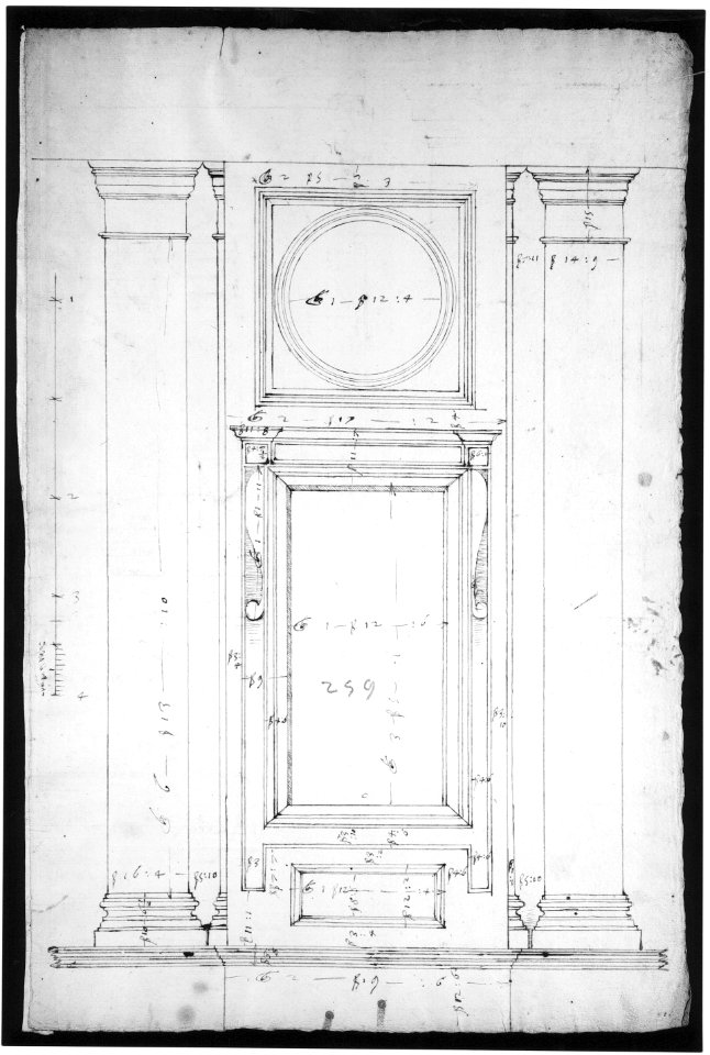 San Lorenzo, Library, Ricetto, window, elevation (recto) San Lorenzo, Library, Ricetto, column, elevation; details, elevation (verso) MET sf49 92 26r-MM37876