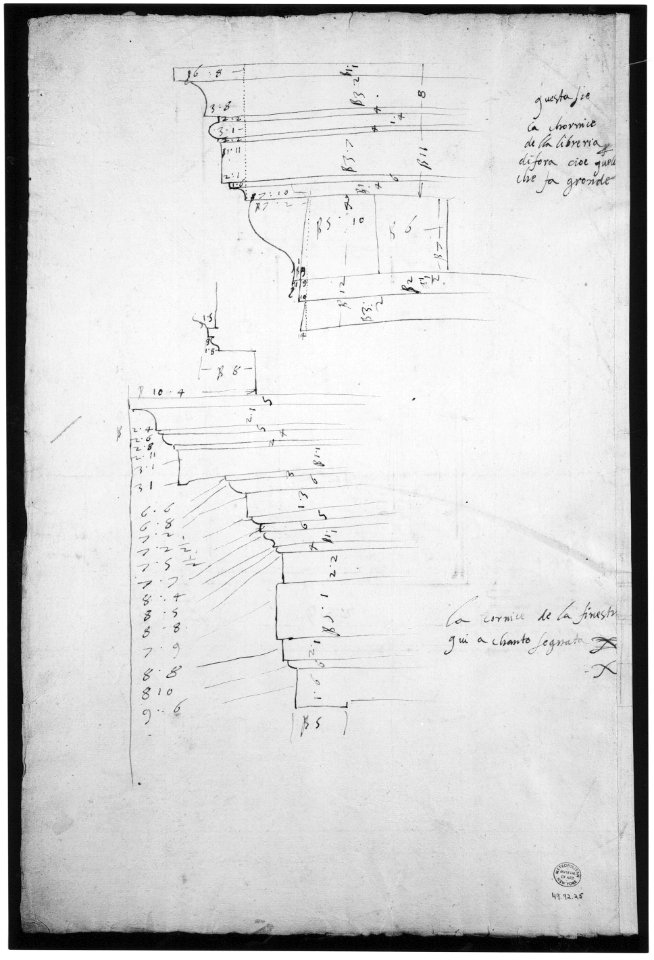 San Lorenzo, Library, window, elevation (recto) San Lorenzo, Library, window, cornice, section; cornice, section (verso) MET sf49 92 25v-MM37875