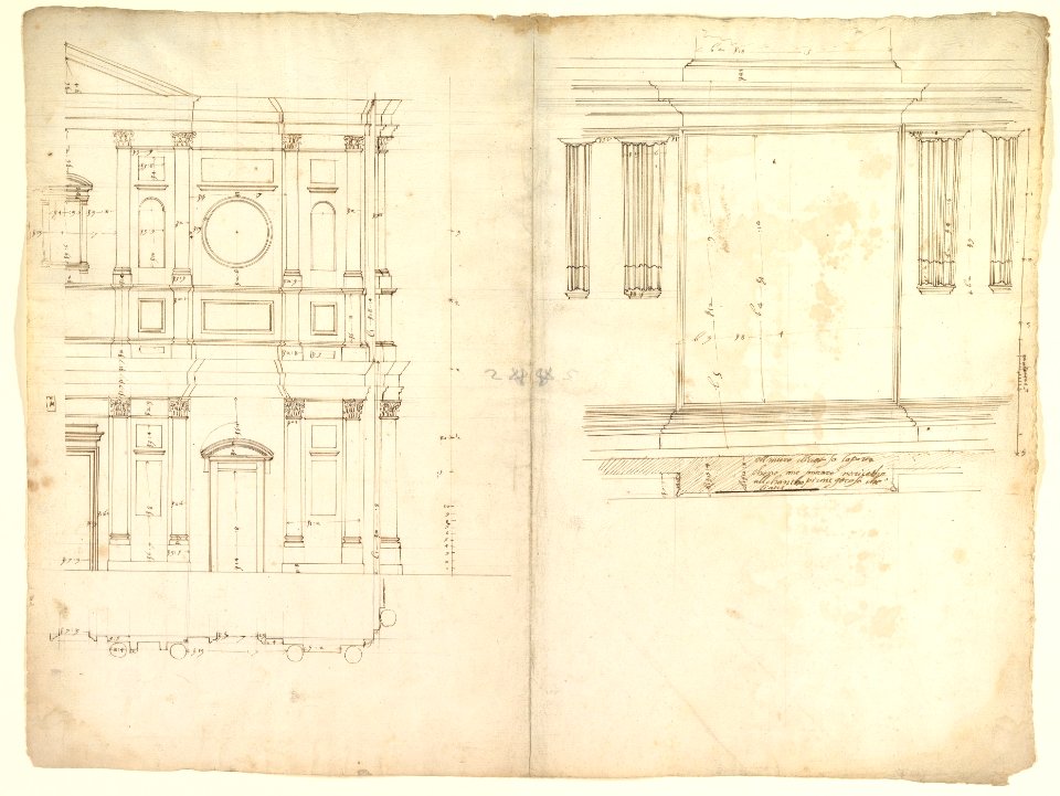 San Lorenzo, model, right half façade (left hand of folio); San Lorenzo, Library, Ricetto, consoles, elevation (right hand) (recto) blank (verso) MET DP819316