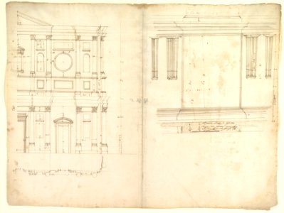 San Lorenzo, model, right half façade (left hand of folio); San Lorenzo, Library, Ricetto, consoles, elevation (right hand) (recto) blank (verso) MET DP819316