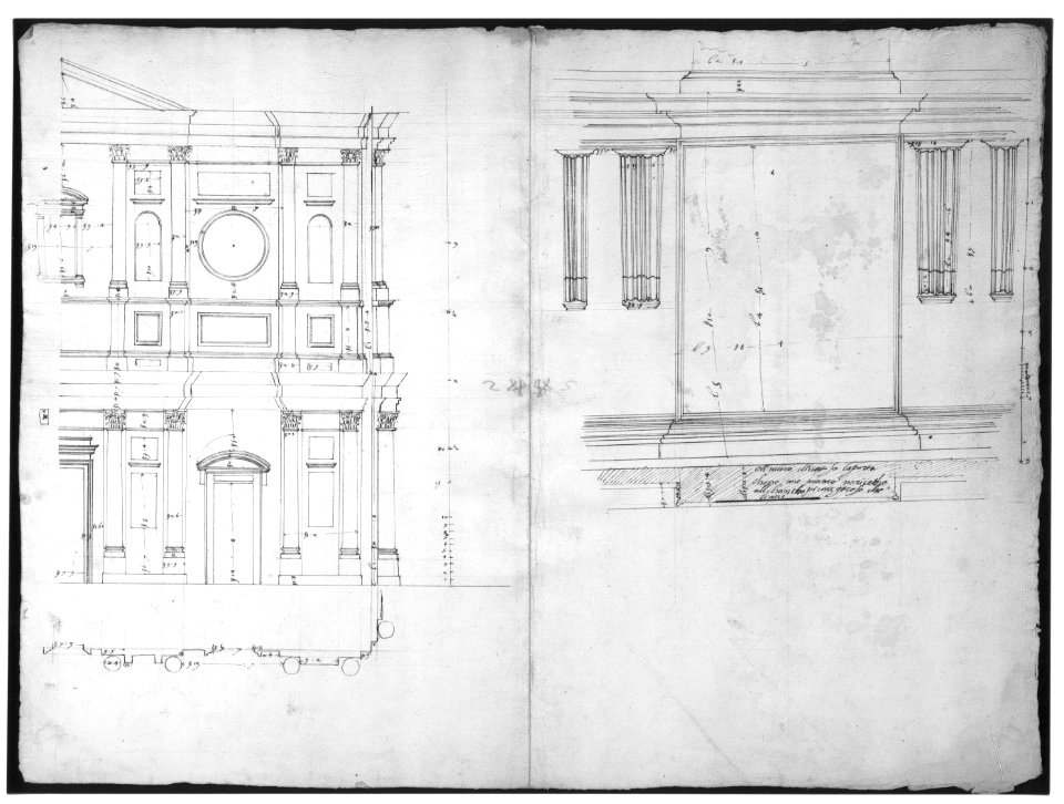 San Lorenzo, model, right half façade (left hand of folio); San Lorenzo, Library, Ricetto, consoles, elevation (right hand) (recto) blank (verso) MET sf49 92 41r-MM33705