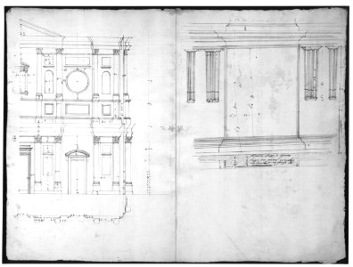 San Lorenzo, model, right half façade (left hand of folio); San Lorenzo, Library, Ricetto, consoles, elevation (right hand) (recto) blank (verso) MET sf49 92 41r-MM33705