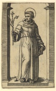 Saint Anthony of Padua standing, lillies in his raised right hand, a book in his left, from the series 'Piccoli Santi' (Small Saints) MET DP853503