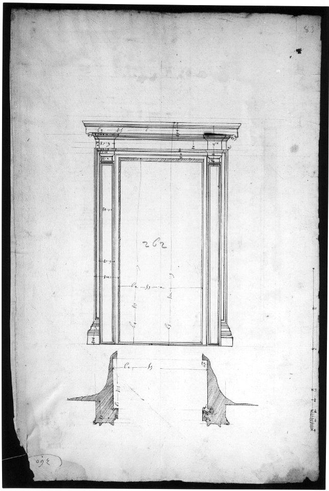 San Lorenzo, Library, Ricetto, portal from cloister, elevation; plan (recto) San Lorenzo, Library, Ricetto, portal from cloister, section; details (verso) MET sf49 92 35r-MM35205