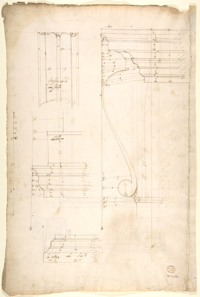San Lorenzo, New Sacristy, portal, plan; elevation (recto) San Lorenzo, New Sacristy, portal, details (verso) MET DP810628