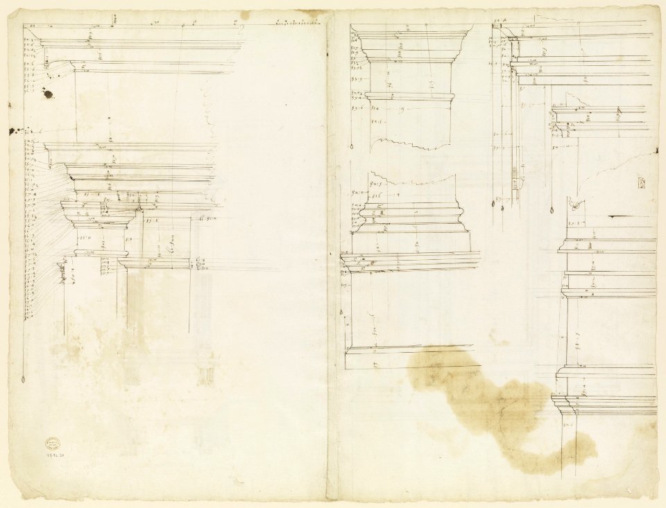 San Lorenzo, Library, Ricetto, upper window, elevation; niche,elevation, plan, and section (recto) San Lorenzo, Library, Ricetto, niche, details; upper window, details, elevation (verso) MET DP238397