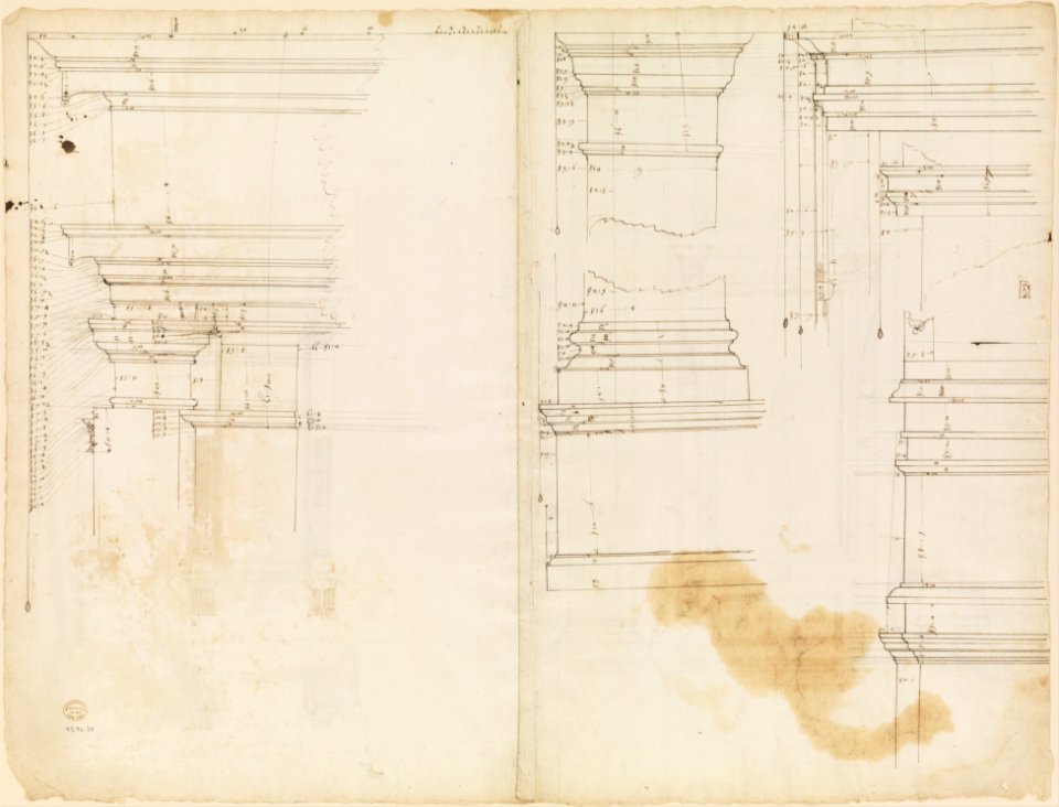 San Lorenzo, Library, Ricetto, upper window, elevation; niche,elevation, plan, and section (recto) San Lorenzo, Library, Ricetto, niche, details; upper window, details, elevation (verso) MET DP235096