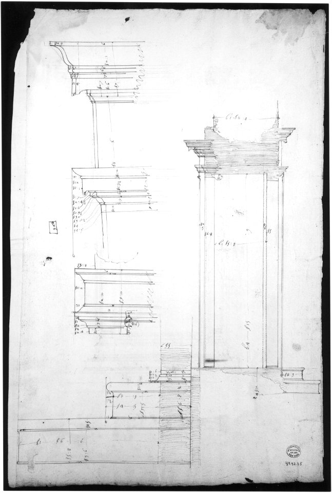 San Lorenzo, Library, Ricetto, portal from cloister, elevation; plan (recto) San Lorenzo, Library, Ricetto, portal from cloister, section; details (verso) MET sf49 92 35v-MM35206