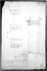 San Lorenzo, Library, Ricetto, portal from cloister, elevation; plan (recto) San Lorenzo, Library, Ricetto, portal from cloister, section; details (verso) MET sf49 92 35v-MM35206