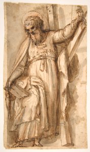 Saint Andrew, Apostle, with Transverse Cross, Book, and Fish, verso- Architectural sketch in red chalk MET DP811533